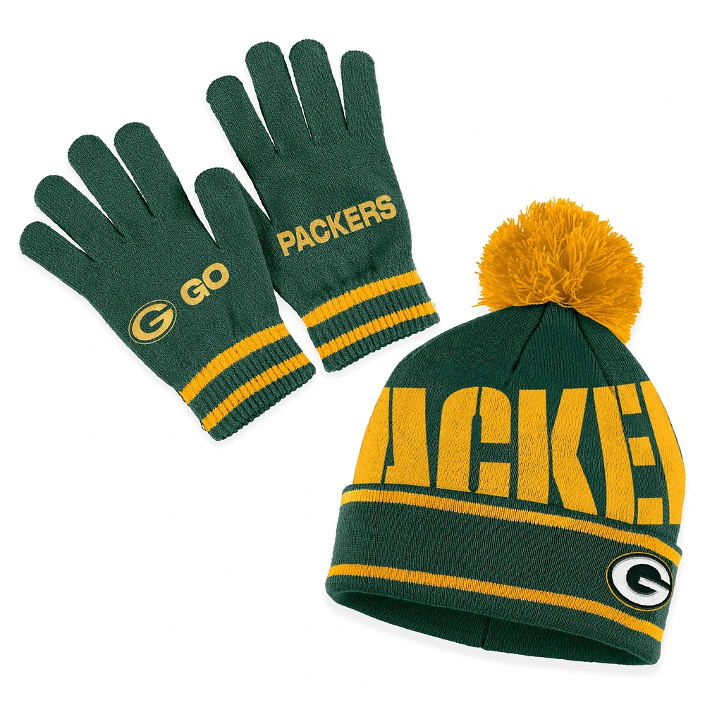 WEAR by Erin Andrews Women's WEAR by Erin Andrews Green Green Bay Packers  Double Jacquard Cuffed Knit Hat with Pom and Gloves Set