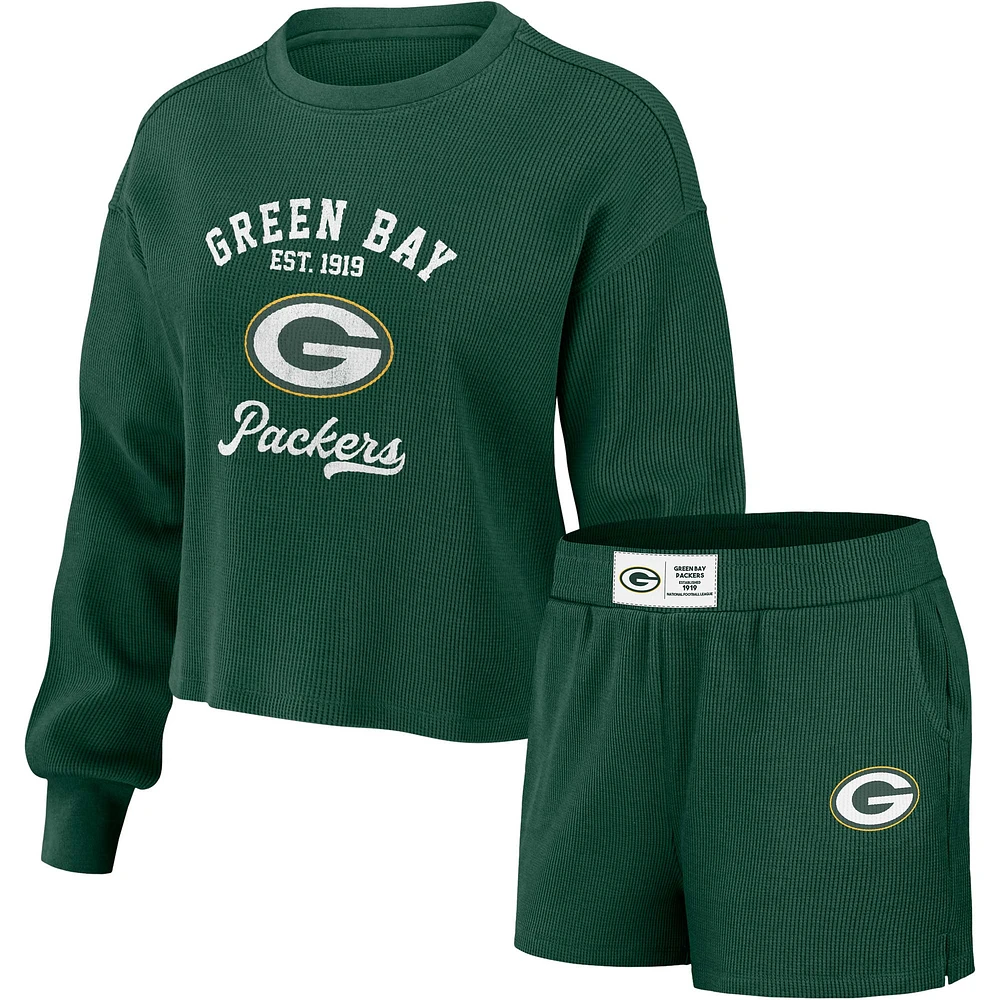 Women's WEAR by Erin Andrews Green Bay Packers Waffle Knit Long Sleeve T-Shirt & Shorts Lounge Set