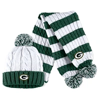 Ensemble bonnet à revers à rayures torsadées avec pompon et écharpe pour femme WEAR by Erin Andrews White Green Bay Packers