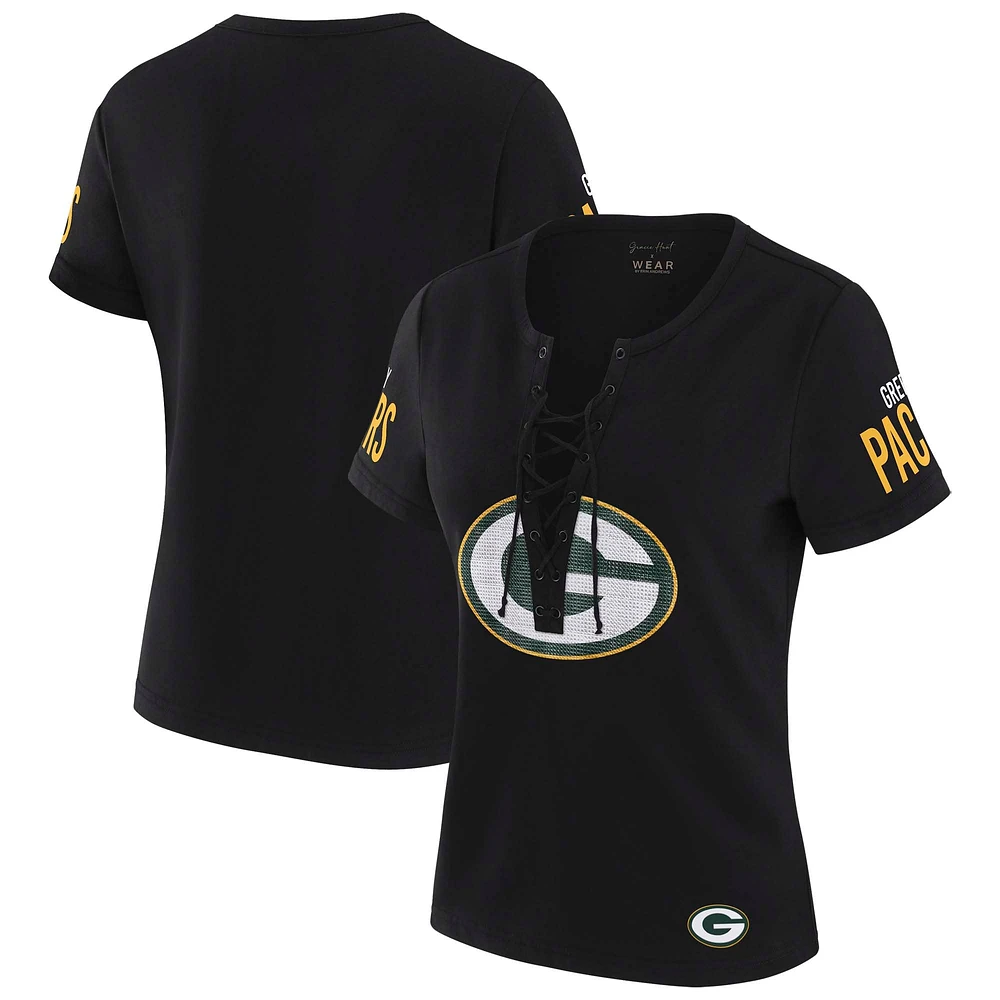 T-shirt à lacets noir Draft Me des Green Bay Packers pour femme WEAR by Erin Andrews x Gracie Hunt