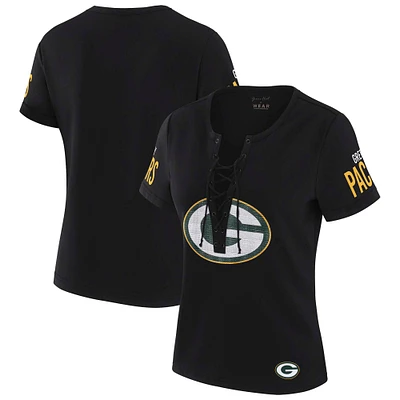 Women's WEAR by Erin Andrews x Gracie Hunt Black Green Bay Packers Draft Me Lace-Up T-Shirt