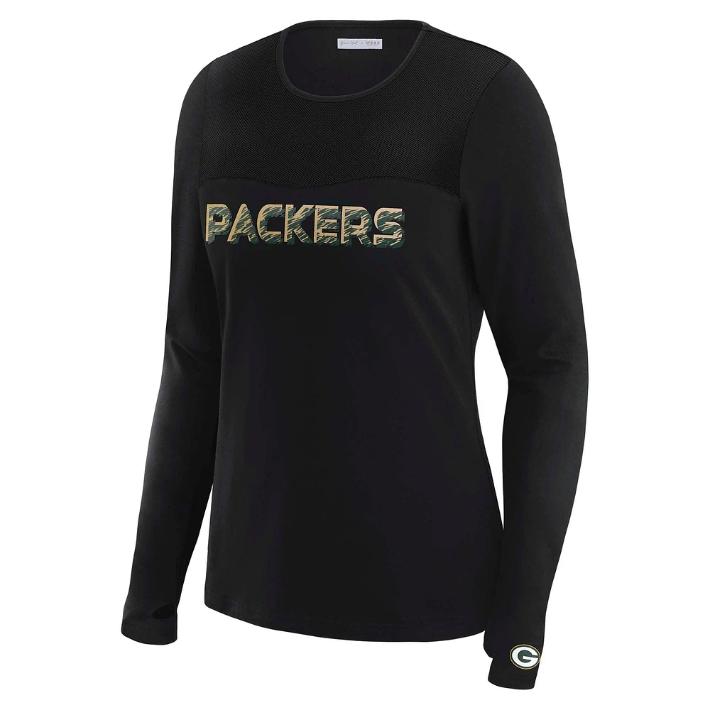 Women's WEAR by Erin Andrews x Gracie Hunt Black Green Bay Packers Mesh Panel Long Sleeve T-Shirt