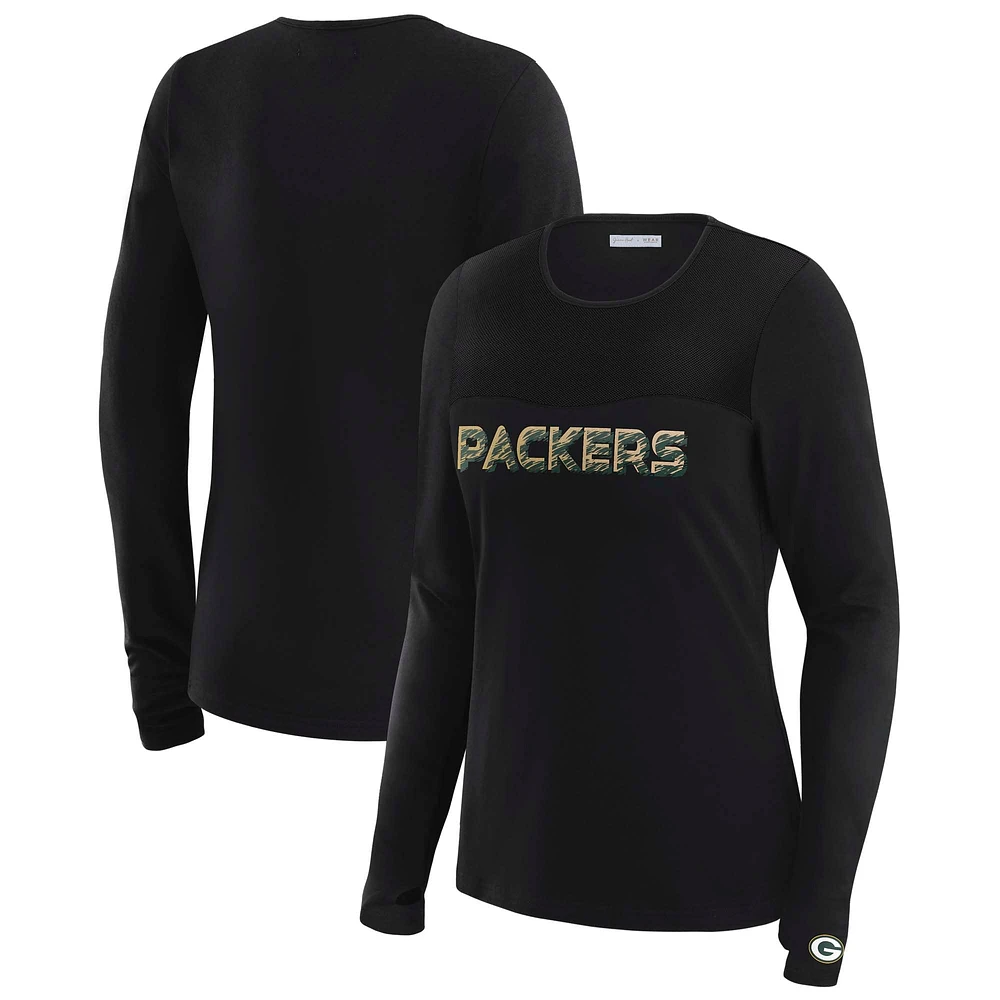 T-shirt à manches longues et empiècement en maille pour femme WEAR by Erin Andrews x Gracie Hunt, noir, des Green Bay Packers