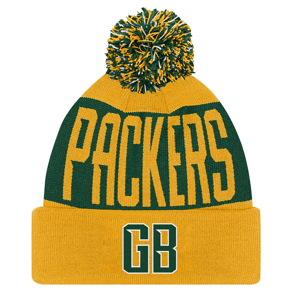 Bonnet en tricot à revers biseauté avec pompon pour jeunes Green Bay Packers vert/or