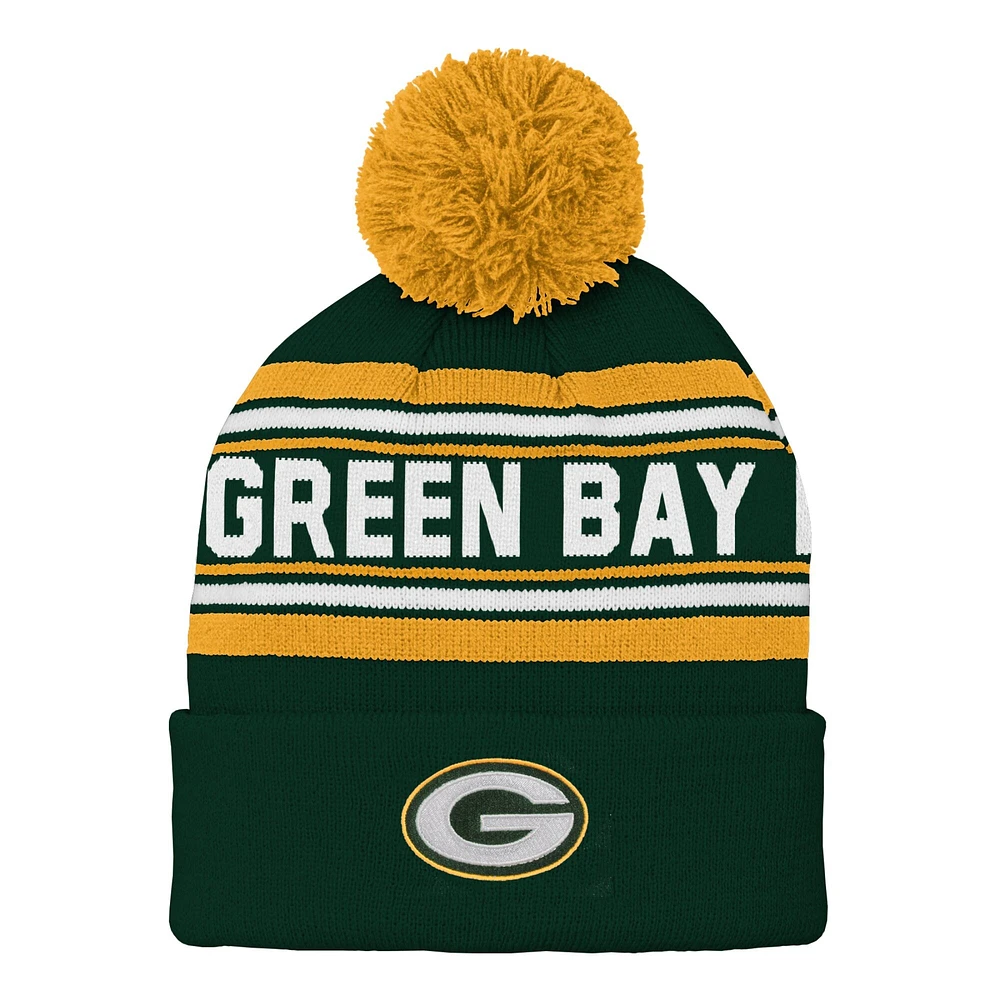 Bonnet en tricot à revers jacquard Green Bay Packers pour jeunes avec pompon