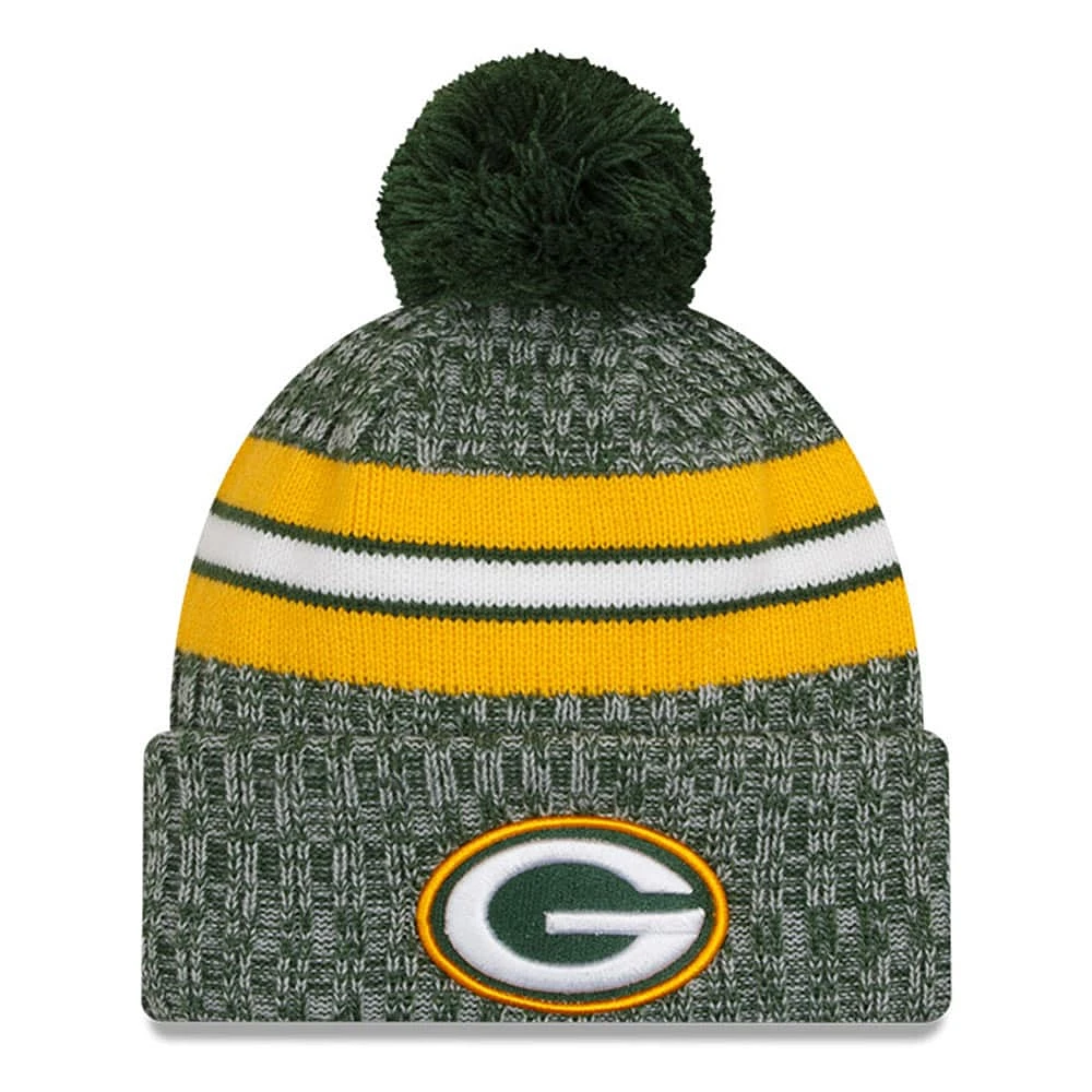 Bonnet en tricot à revers Green Bay Packers 2023 Sideline New Era pour jeune avec pompon