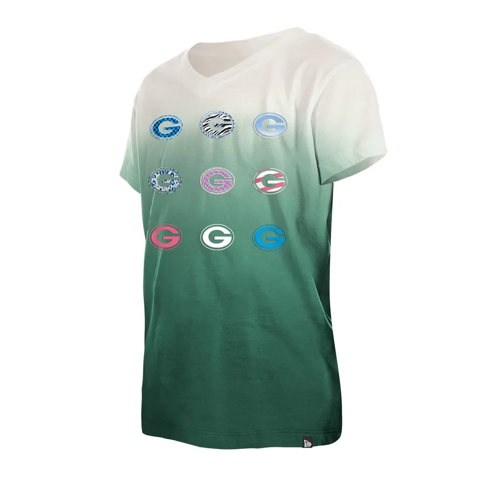 Youth New Era Green Bay Packers Multi Logo Ombre V-Neck T-Shirt