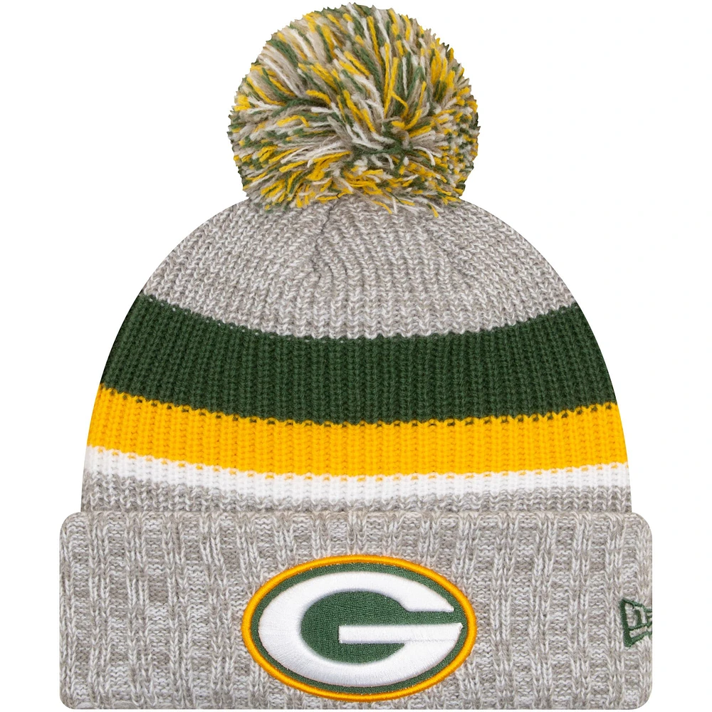 Bonnet en tricot à revers pour jeunes New Era gris chiné Green Bay Packers avec pompon