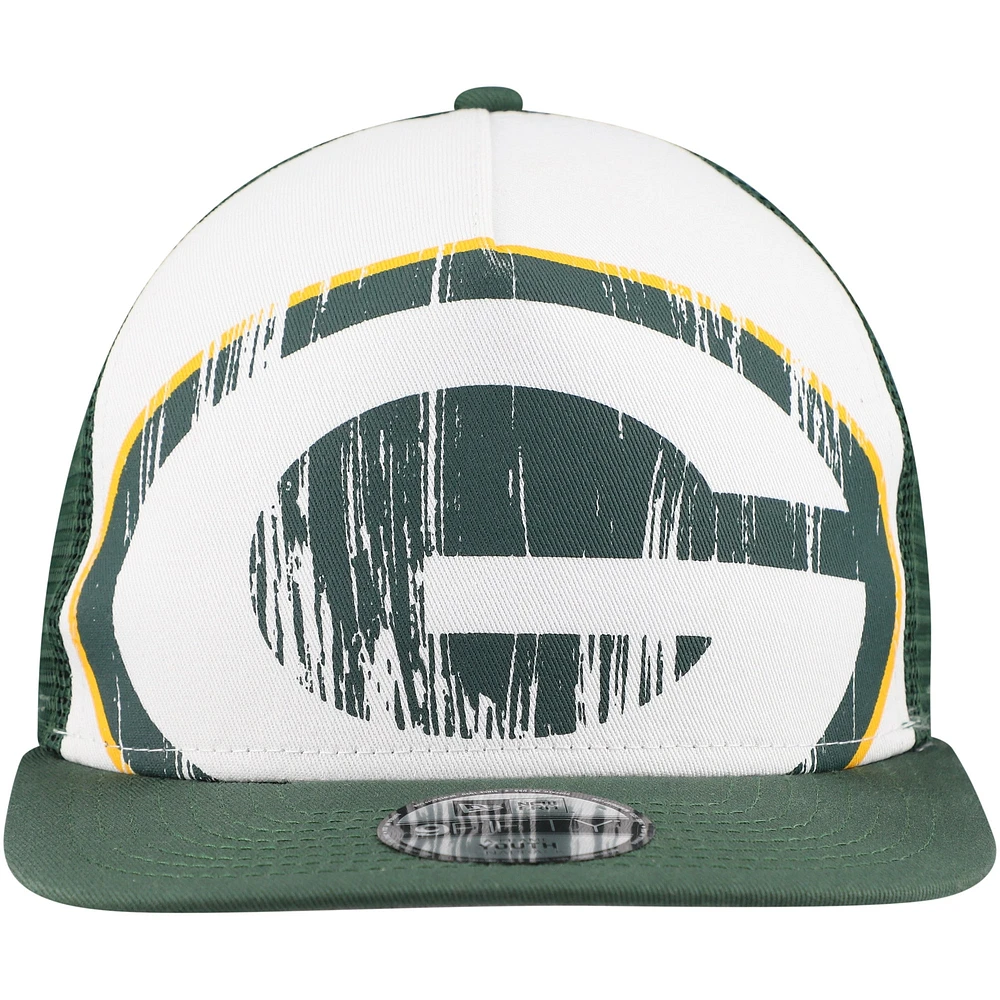 Youth New Era White/Green Green Bay Packers Distressed 9FIFTY A-Frame Snapback Hat