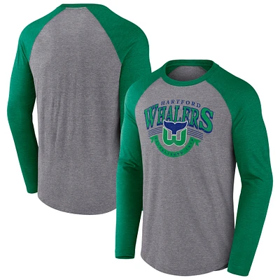 T-shirt à manches longues raglan tri-blend gris chiné/vert chiné Fanatics pour hommes Hartford Whalers Vintage Hockey Goal Crease