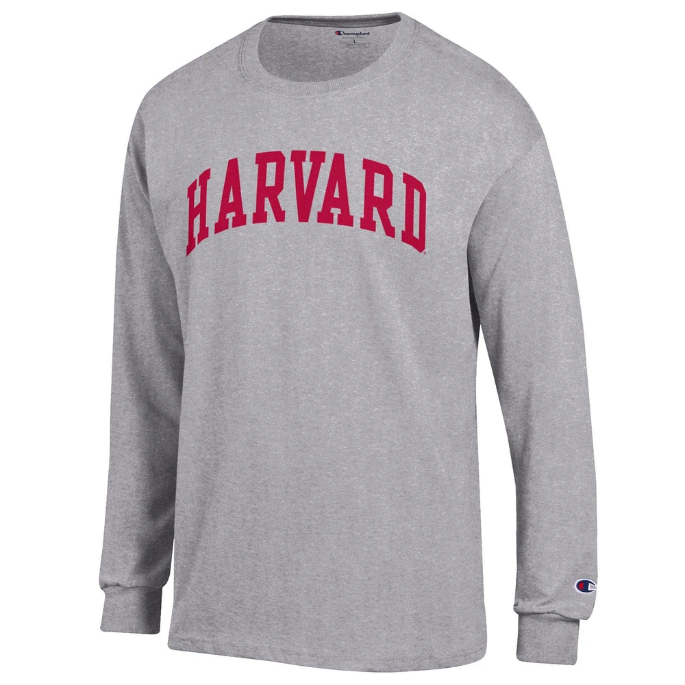 Men's Champion  Heather Gray Harvard Crimson Basic Arch Long Sleeve T-Shirt