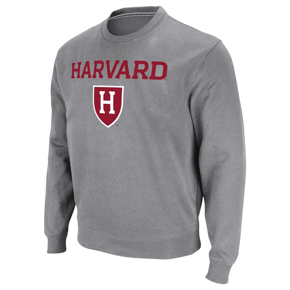 Men's Colosseum Gray Harvard Crimson Team Arch & Logo Tackle Twill Pullover Sweatshirt