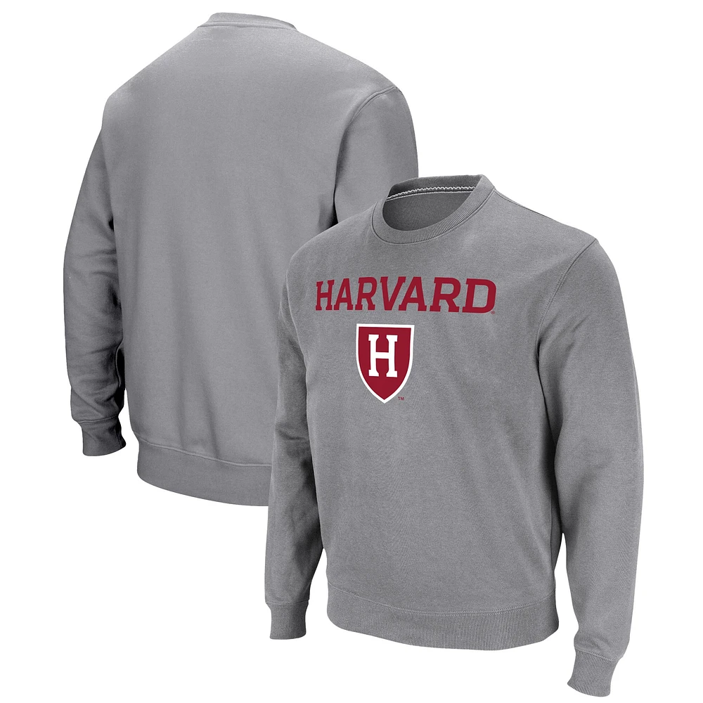 Men's Colosseum Gray Harvard Crimson Team Arch & Logo Tackle Twill Pullover Sweatshirt