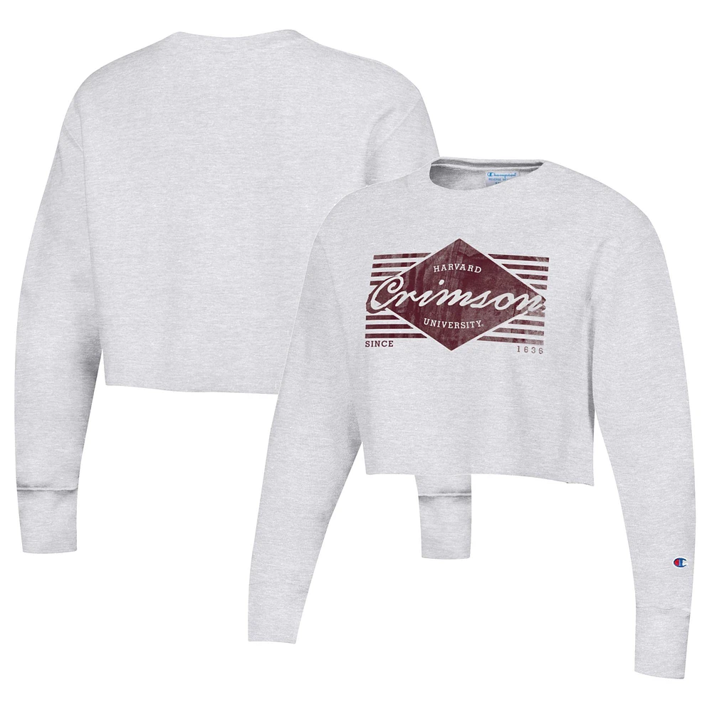 Women's Champion Heather Gray Harvard Crimson Reverse Weave Cropped Pullover Sweatshirt