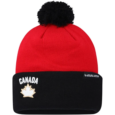 Bonnet unisexe en tricot bicolore noir à revers avec pompon Hockey Canada 2024