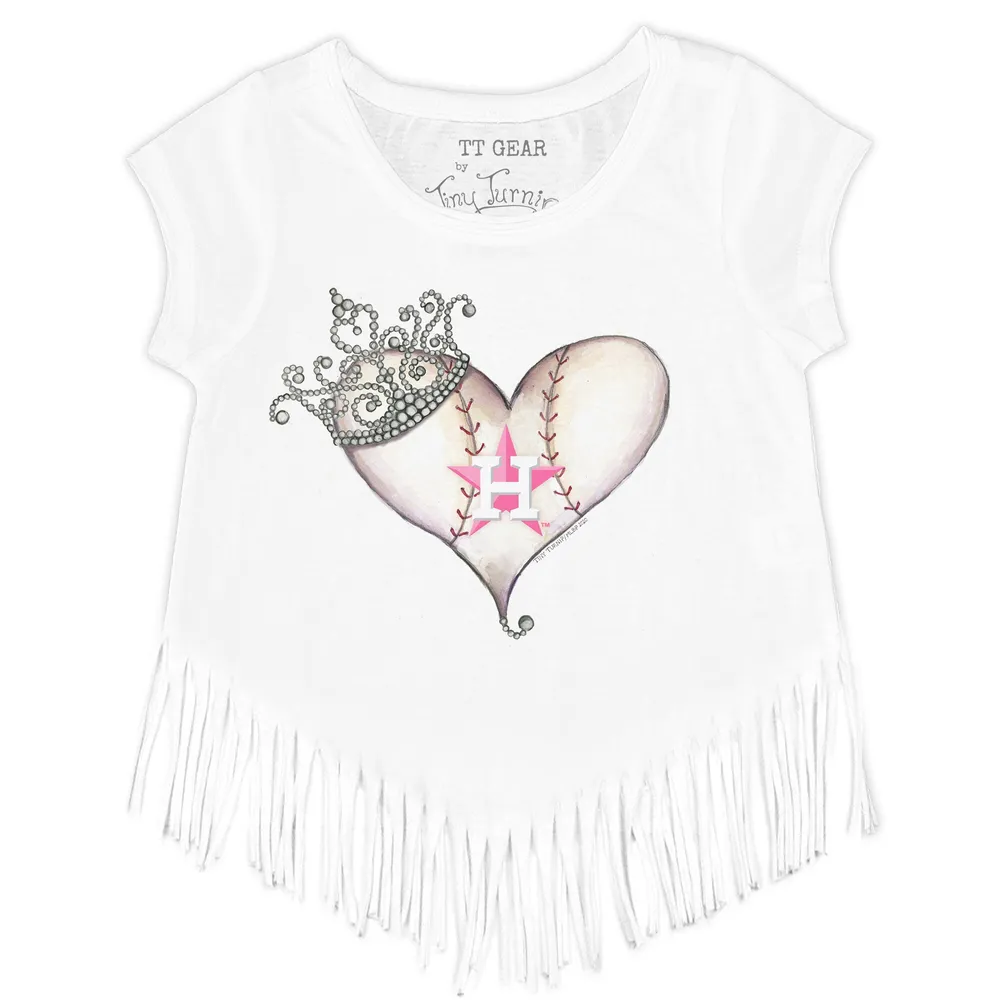 Girls Youth Tiny Turnip White Houston Astros Baseball Tiara Heart Fringe T-Shirt Size: Large