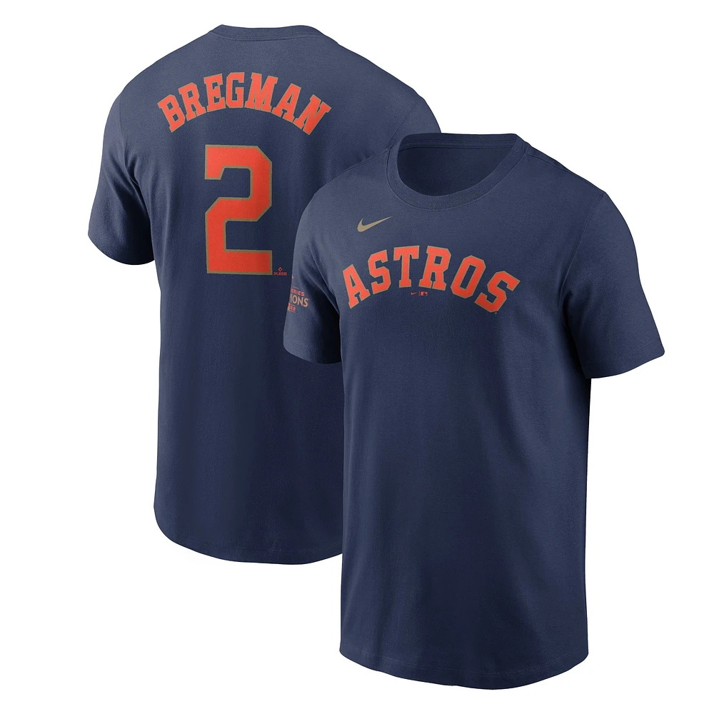 T-shirt avec nom et numéro Nike Alex Bregman pour homme, bleu marine Houston Astros 2023 Gold Collection