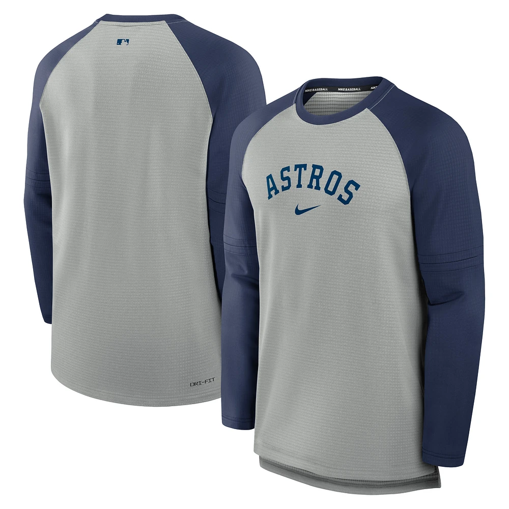 T-shirt à manches longues Nike Houston Astros Authentic Collection Game Time Raglan Performance pour homme, gris chiné/bleu marine