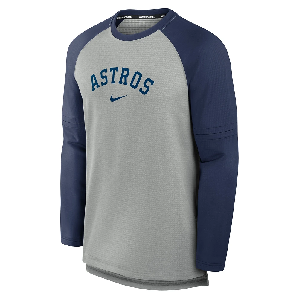 T-shirt à manches longues Nike Houston Astros Authentic Collection Game Time Raglan Performance pour homme, gris chiné/bleu marine