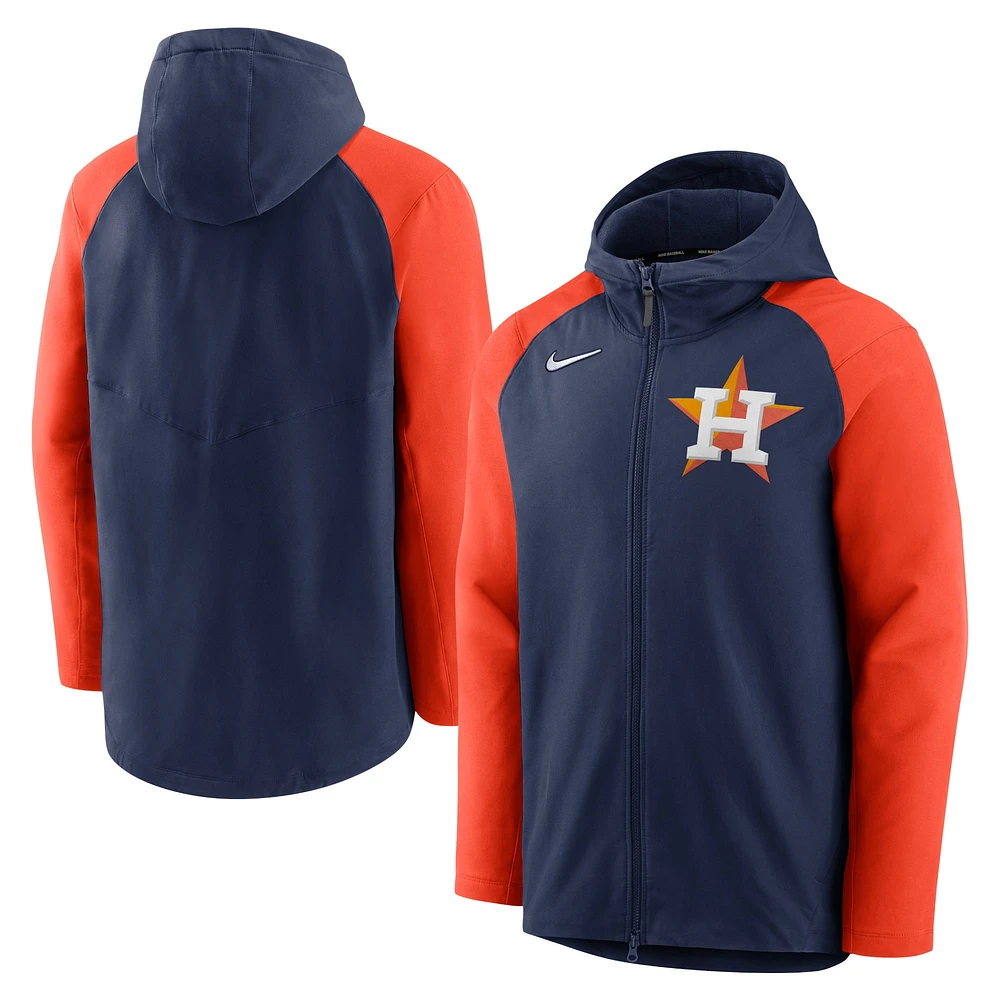 Sweat à capuche entièrement zippé Performance Raglan Nike pour hommes, bleu marine/orange, Houston Astros Authentic Collection