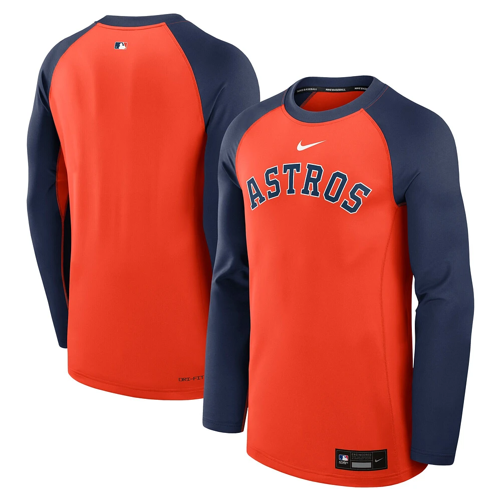 Sweat-shirt à capuche Nike Orange/Marine Houston Astros Authentic Collection Game Time Raglan Performance pour homme