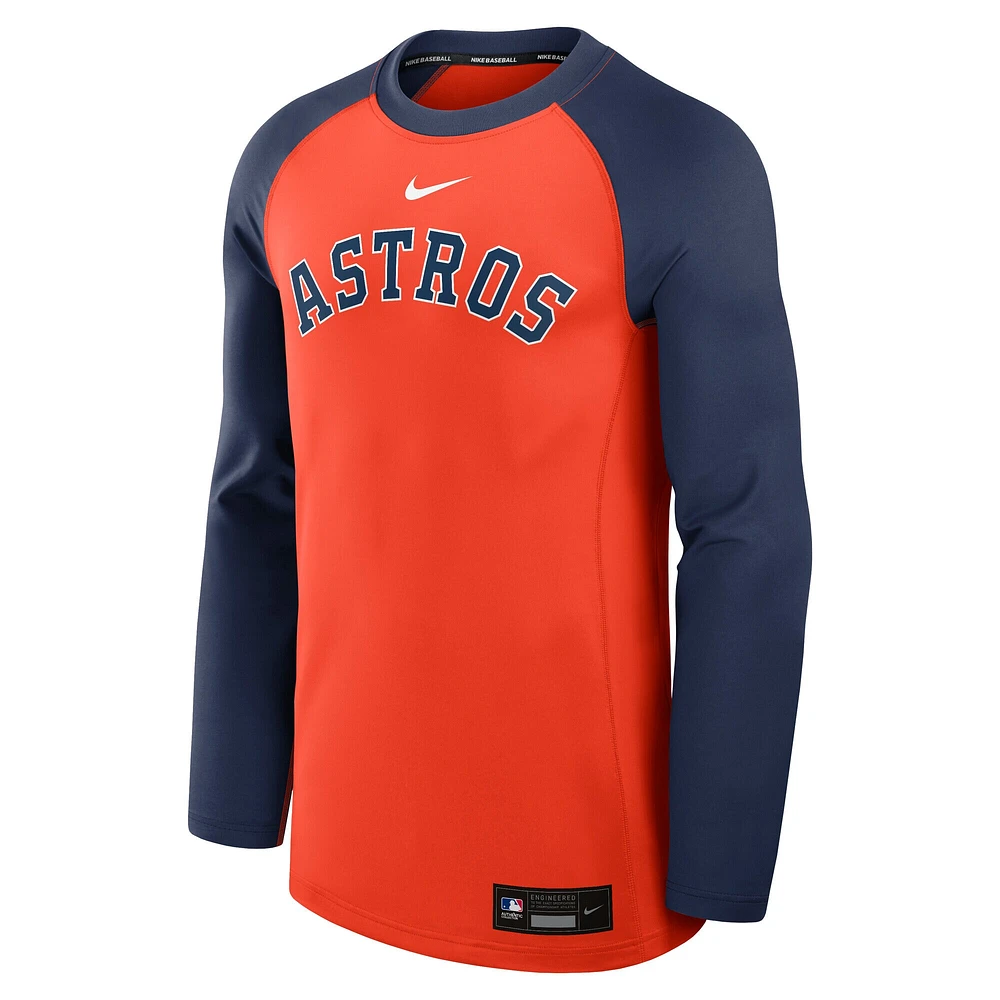 Sweat-shirt à capuche Nike Orange/Marine Houston Astros Authentic Collection Game Time Raglan Performance pour homme