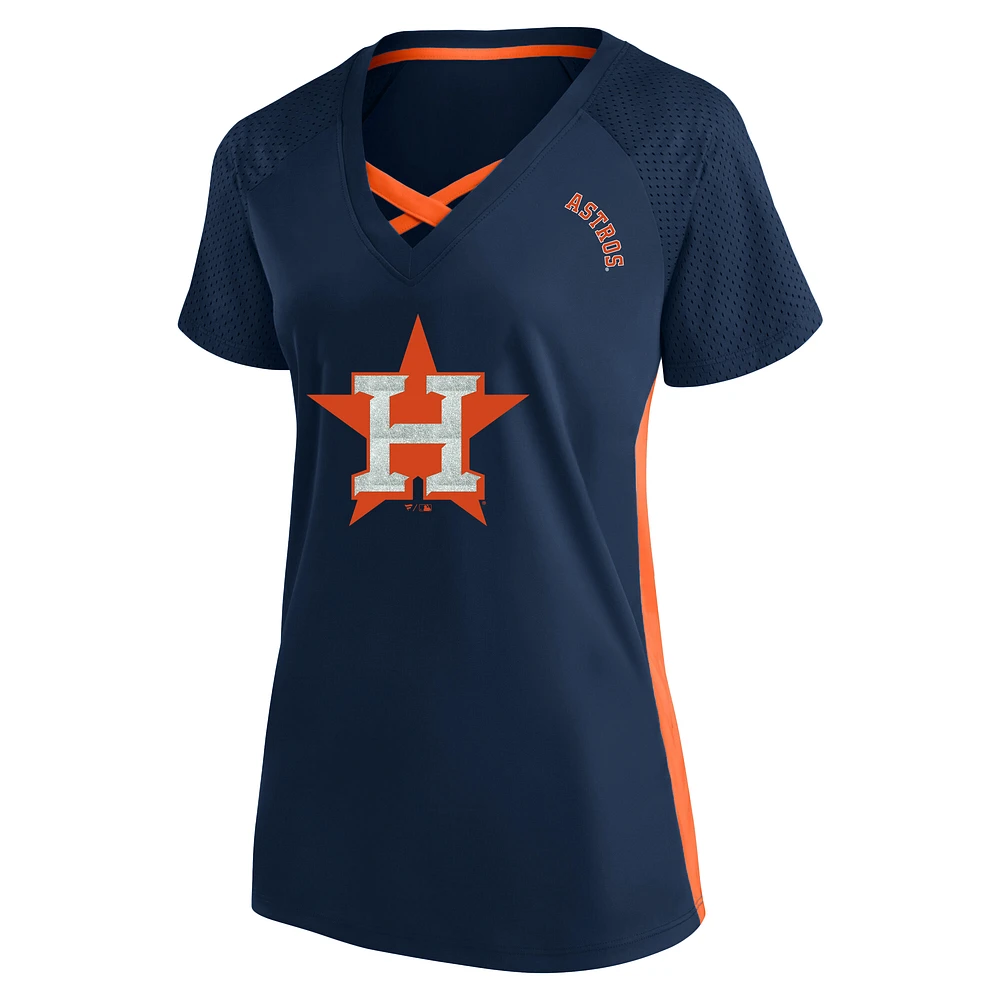 T-shirt à col en V pailleté grande taille pour femme, bleu marine, Houston Astros