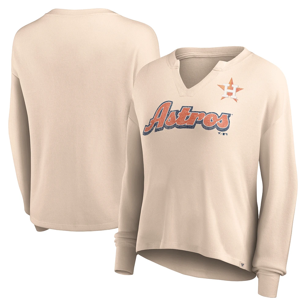 T-shirt à manches longues et col cranté en tricot gaufré Fanatics Cream Houston Astros Go For It pour femmes