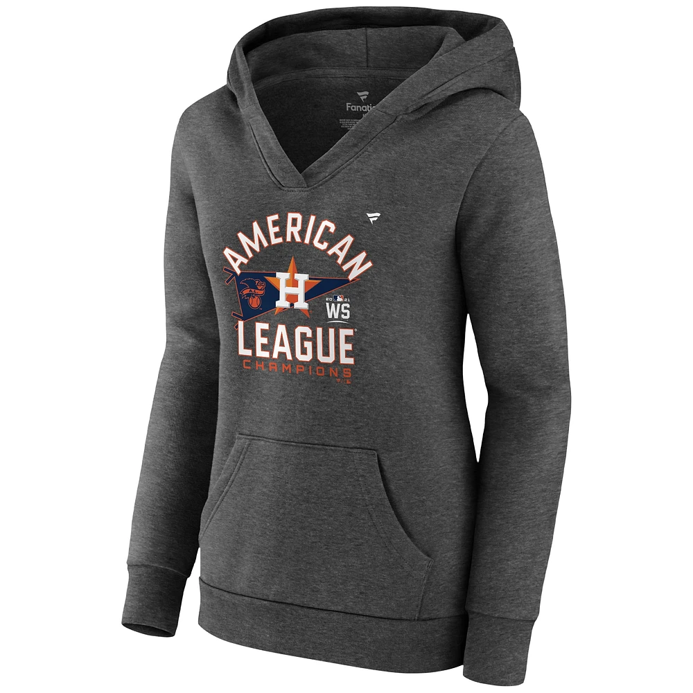 Women's Fanatics Heathered Charcoal Houston Astros 2021 American League Champions Locker Room Crossover Neck Pullover Hoodie