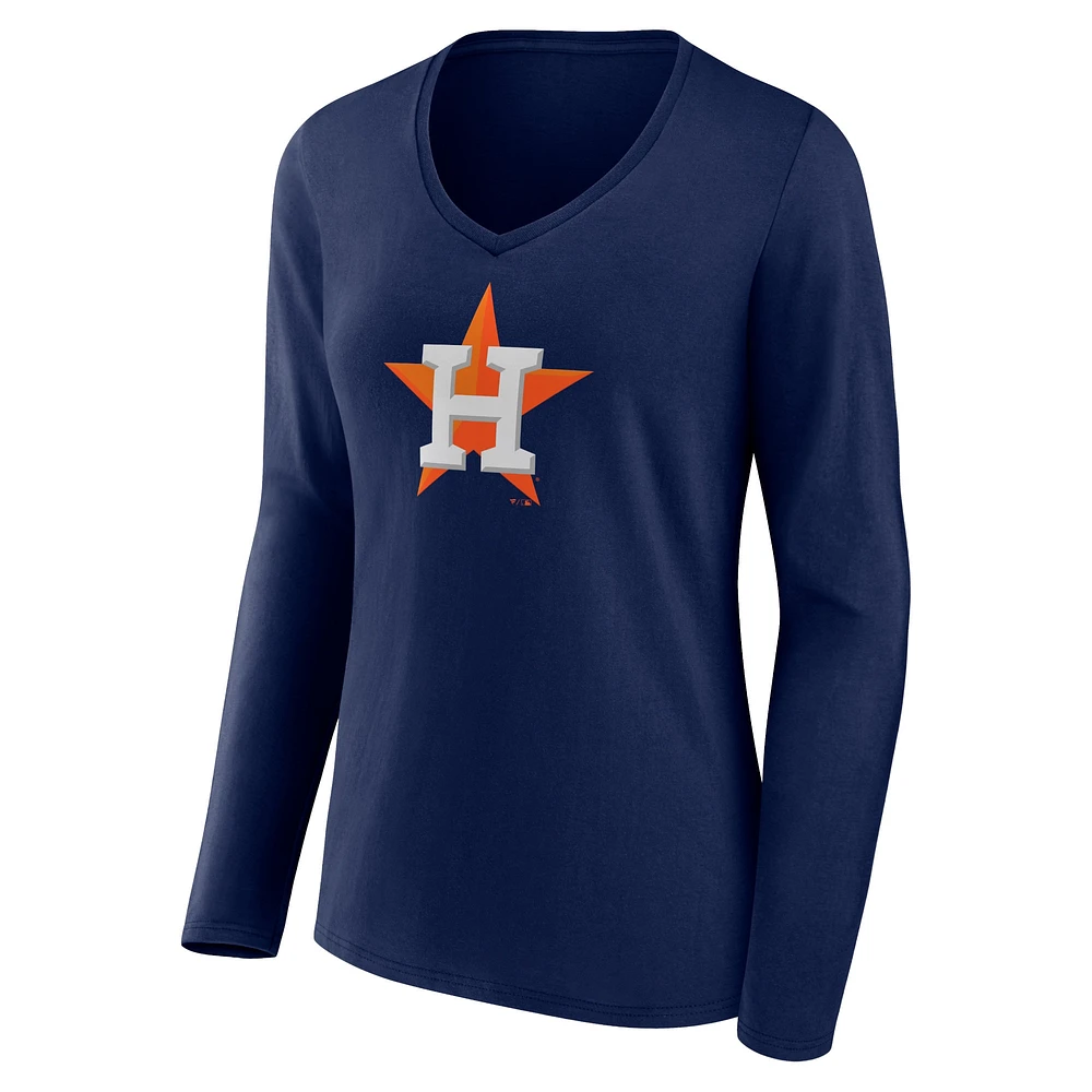 T-shirt à manches longues et col en V avec logo officiel des Astros de Houston Fanatics pour femmes bleu marine