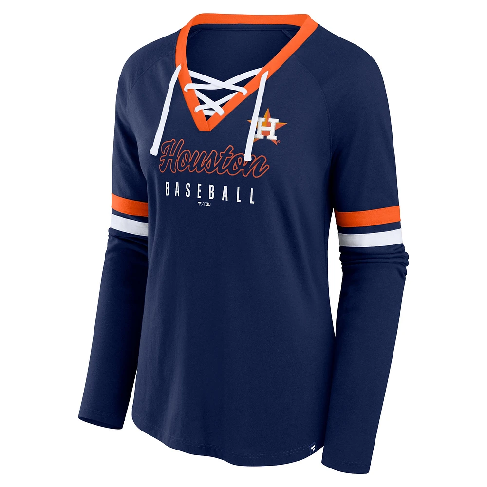 Women's Fanatics Navy Houston Astros Won & Done Raglan Lace-Up Long Sleeve T-Shirt