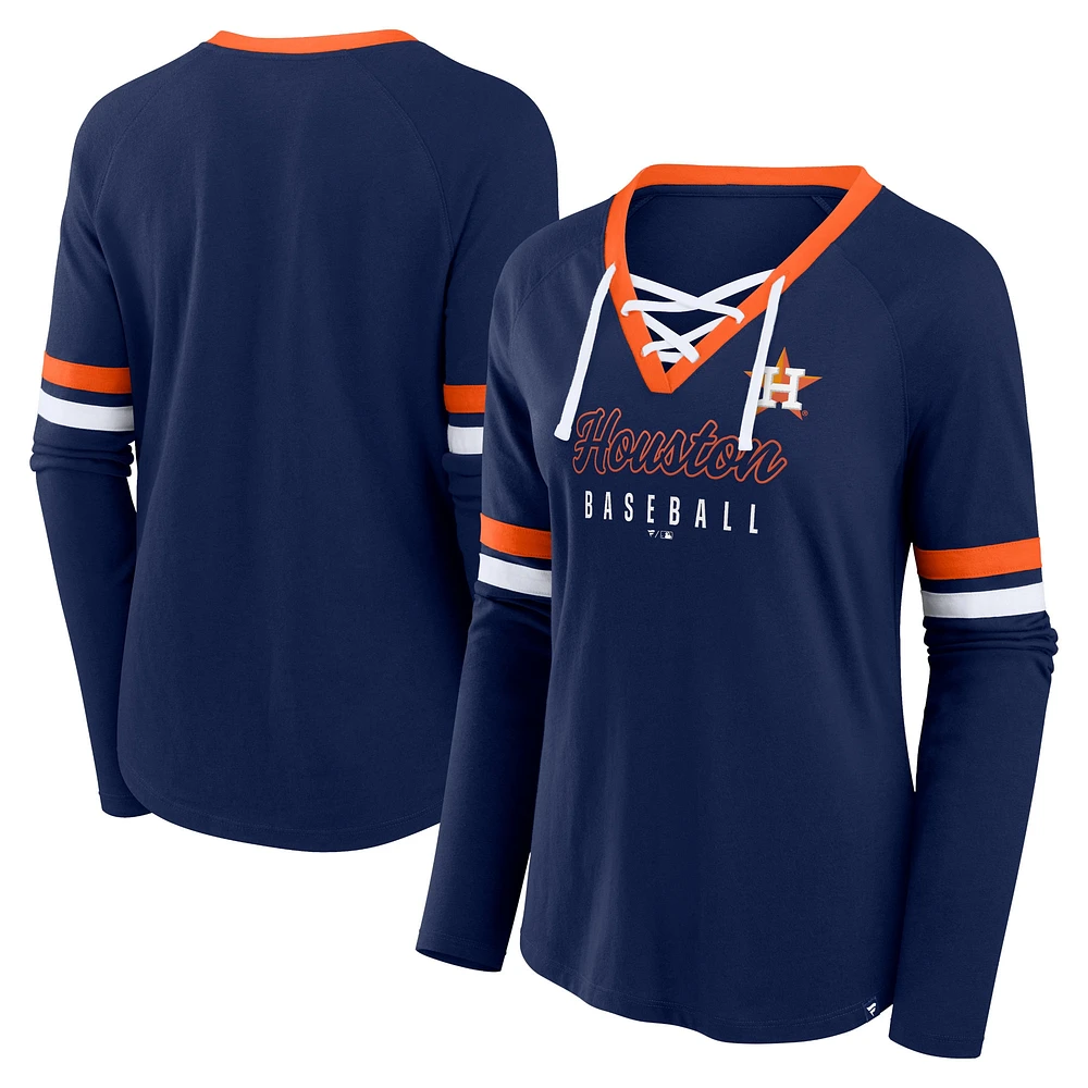 T-shirt à manches longues et lacets raglan pour femme Fanatics Navy Houston Astros Won & Done