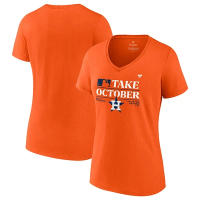 T-shirt à col en V orange Fanatics pour femmes des Astros de Houston 2023 Postseason Vestiaire