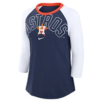 T-shirt tri-mélange raglan à manches 3/4 Nike pour femmes, bleu marine/blanc, Houston Astros Knockout Arch