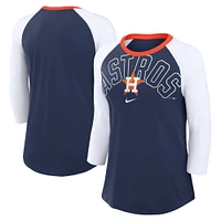 T-shirt tri-mélange raglan à manches 3/4 Nike pour femmes, bleu marine/blanc, Houston Astros Knockout Arch