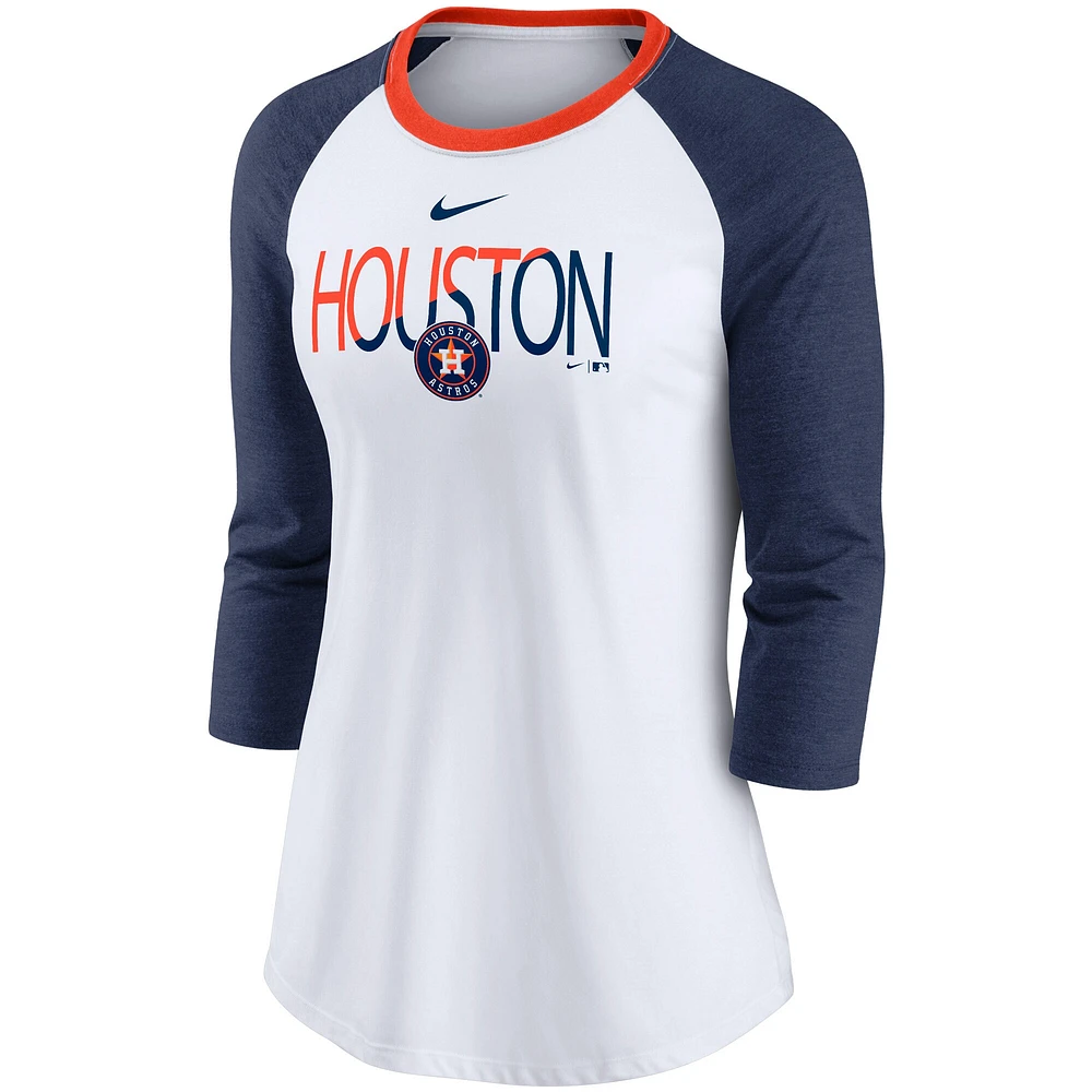 Women's Nike White/Heathered Navy Houston Astros Color Split Tri-Blend 3/4-Sleeve Raglan T-Shirt