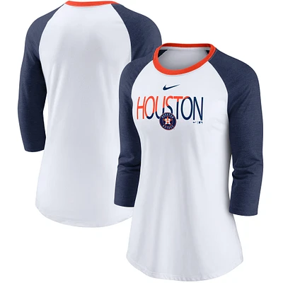 Women's Nike White/Heathered Navy Houston Astros Color Split Tri-Blend 3/4-Sleeve Raglan T-Shirt