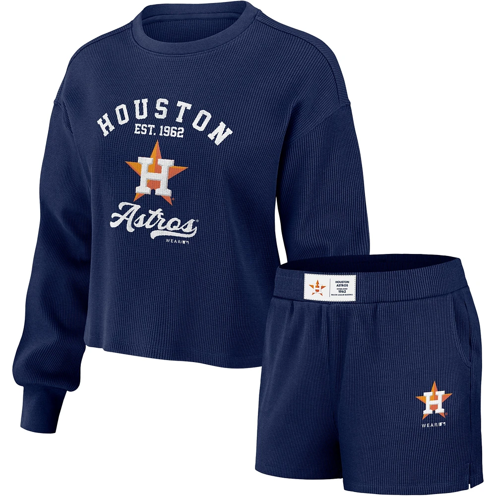 Ensemble de salon WEAR by Erin Andrews pour femmes, t-shirt et short en tricot gaufré des Astros Houston, bleu marine