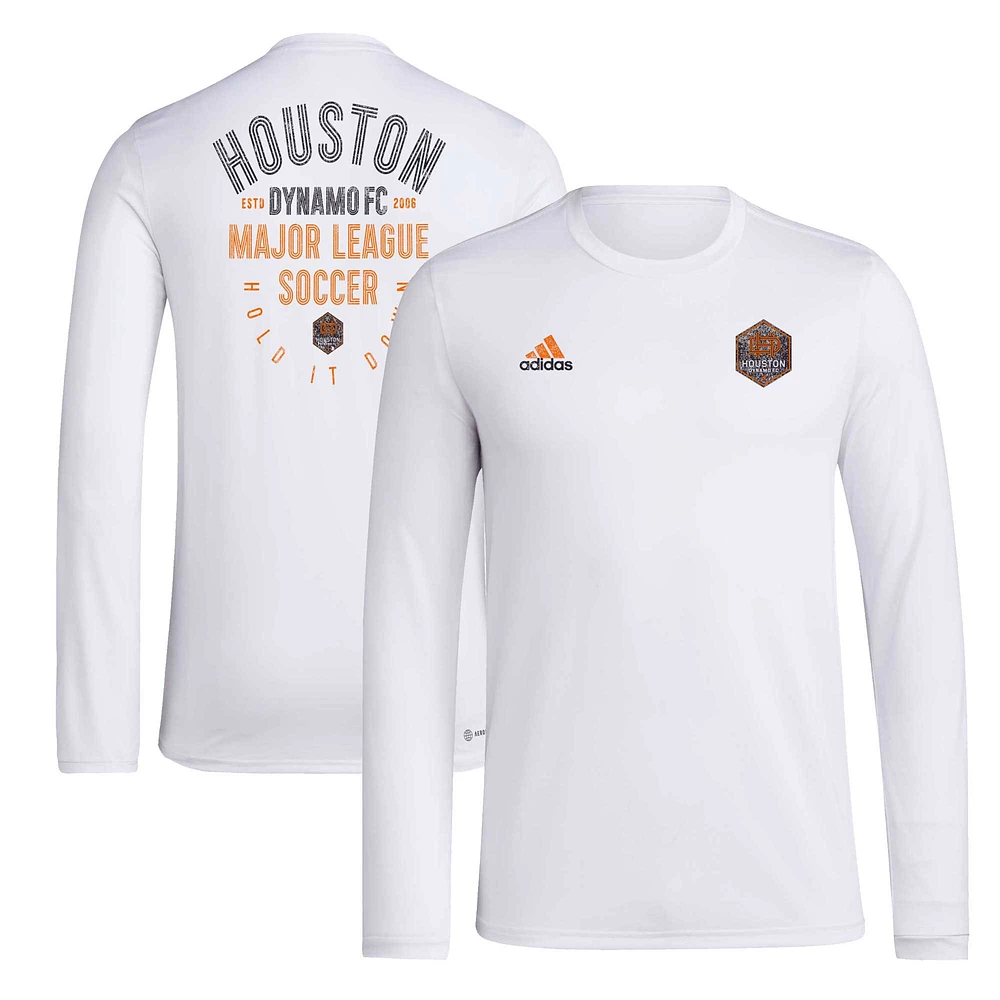 T-shirt adidas Houston Dynamo FC Local Stoic à manches longues pour hommes, blanc