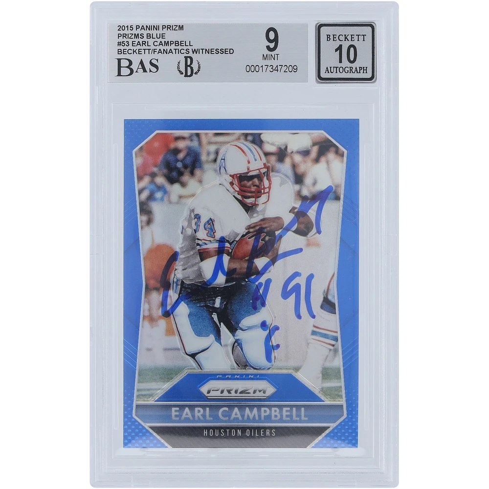 Earl Campbell Houston Oilers Autographed 2015 Panini Prizm Blue Prizm #53 Beckett Fanatics Witnessed Authenticated 9/10 Card with "HOF 91" Inscription