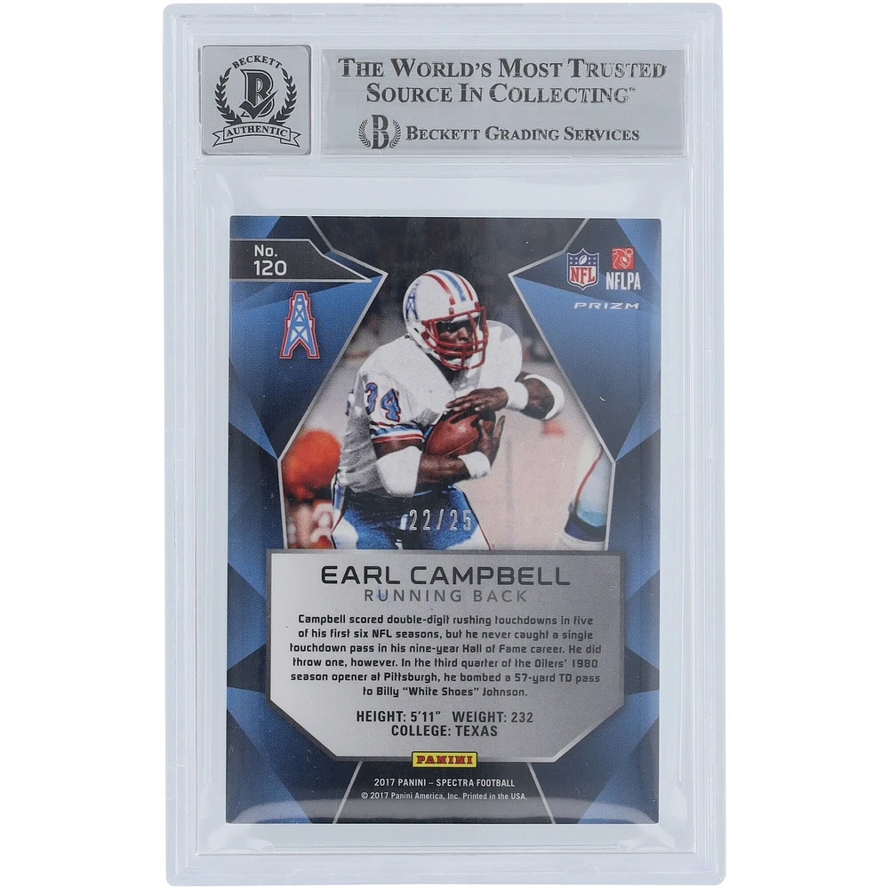 Earl Campbell Houston Oilers Autographed 2017 Panini Spectra Neon Green #120 #/25 Beckett Fanatics Witnessed Authenticated 10 Card with "HOF 91" Inscription
