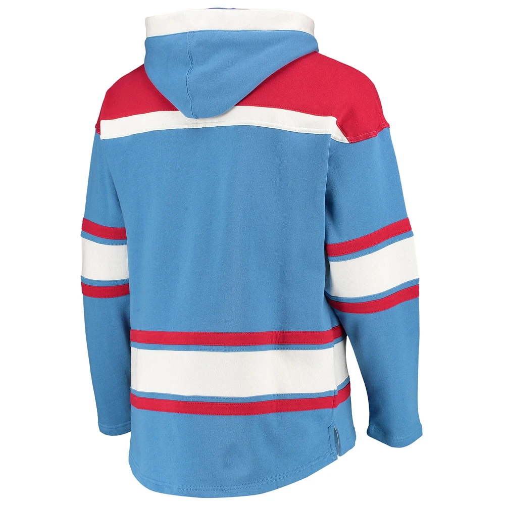 Chandail à capuchon en V encolure Houston Oilers Lacer '47 pour homme, bleu poudré/rouge