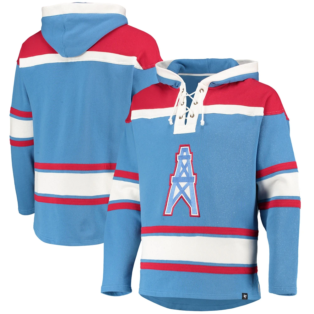 Chandail à capuchon en V encolure Houston Oilers Lacer '47 pour homme, bleu poudré/rouge