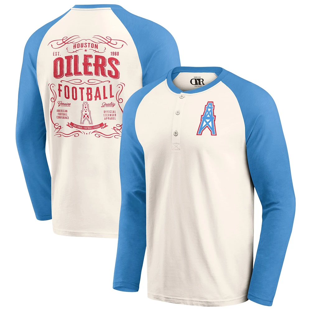 T-shirt à manches longues raglan Henley pour homme de la collection Darius Rucker Fanatics, couleur crème/bleu clair, des Oilers Houston