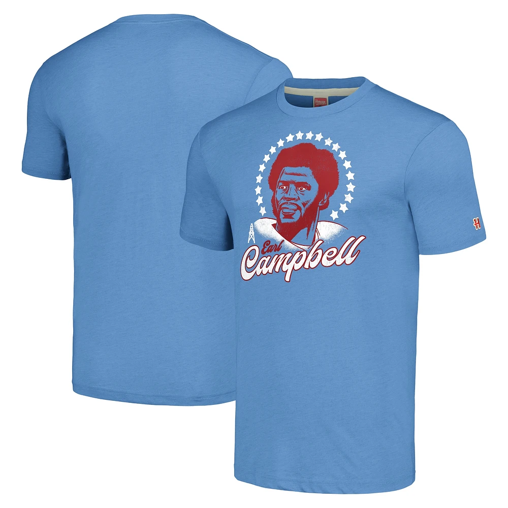 Men's Homage  Earl Campbell Heathered Light Blue Houston Oilers Caricature Retired Player Tri-Blend T-Shirt