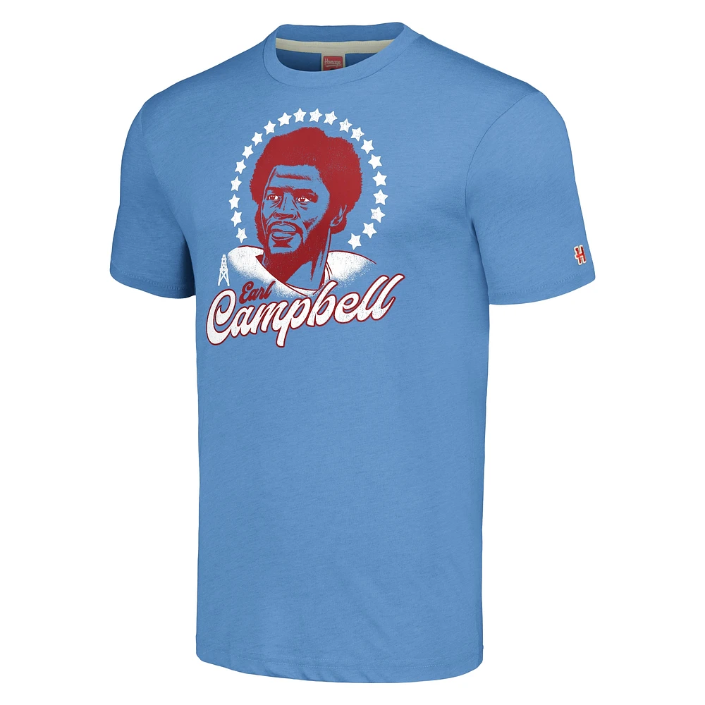 T-shirt à trois mélanges pour hommes, hommage Earl Campbell, bleu clair chiné, caricature des Oilers de Houston, joueur retraité