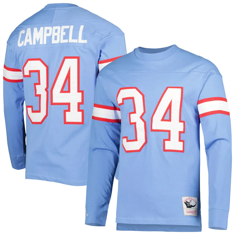 Mitchell & Ness Earl Campbell bleu clair Houston Oilers 1984 nom et numéro du joueur retraité T-shirt à manches longues