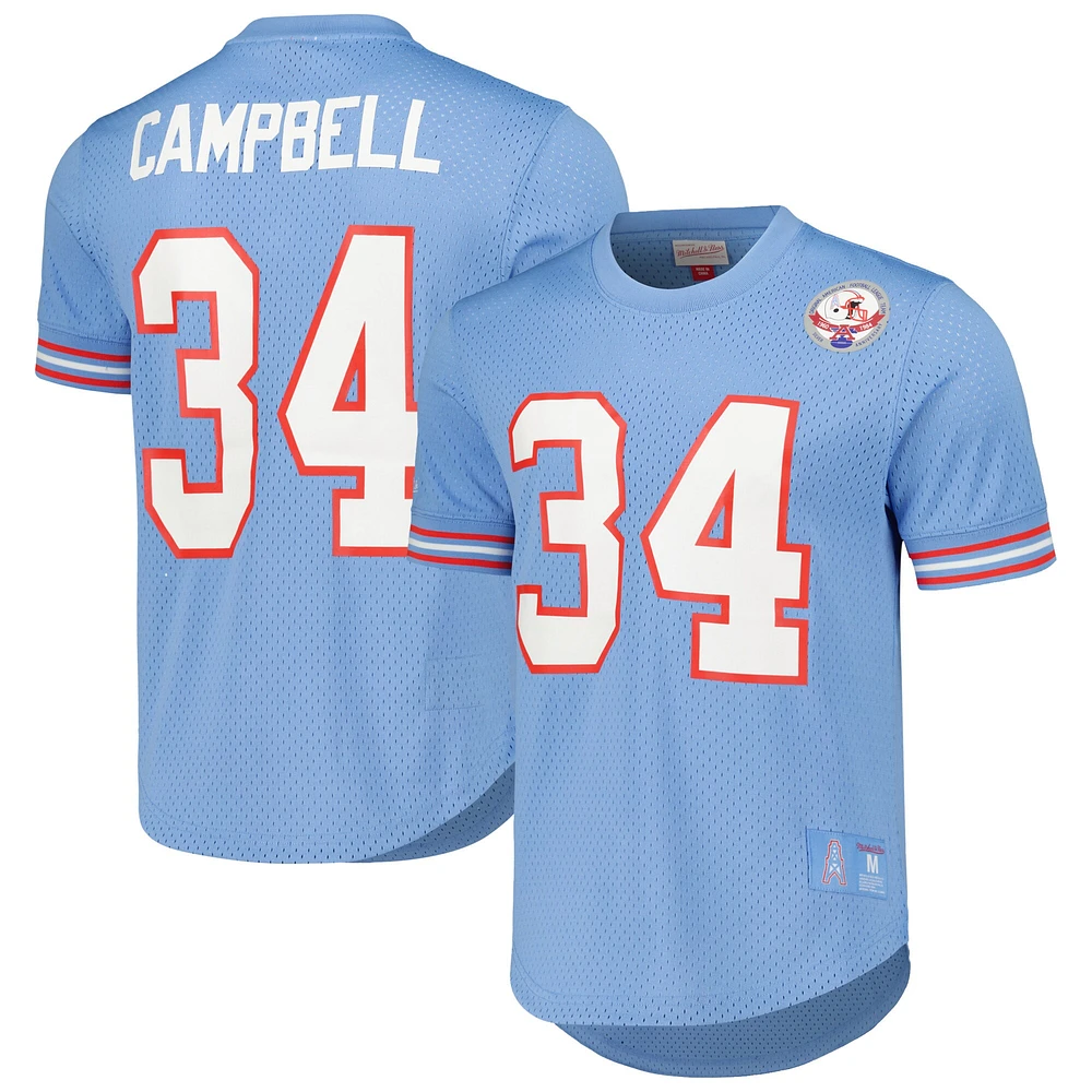 Haut en maille avec nom et numéro du joueur à la retraite Mitchell & Ness Earl Campbell bleu clair des Houston Oilers pour homme