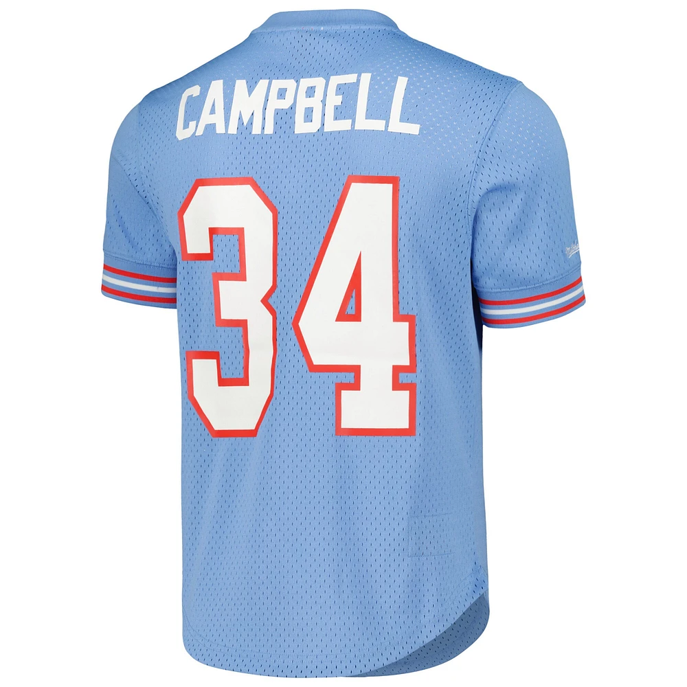 Haut en maille avec nom et numéro du joueur à la retraite Mitchell & Ness Earl Campbell bleu clair des Houston Oilers pour homme