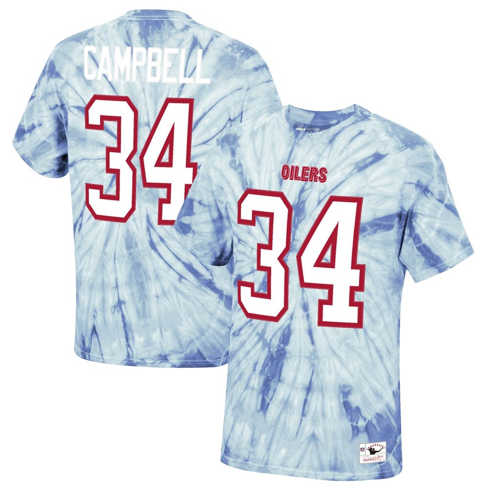 Men's Mitchell & Ness Earl Campbell Light Blue Houston Oilers Tie-Dye Retired Player Name Number T-Shirt